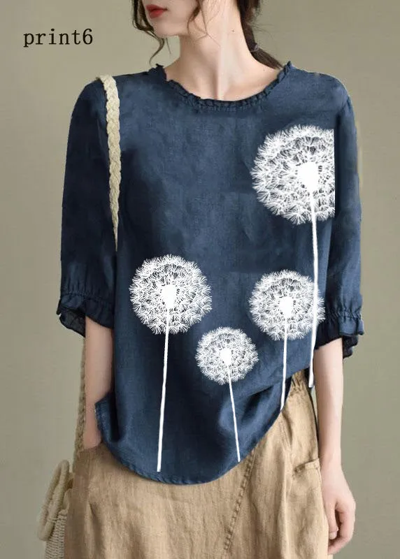 Handmade Navy lantern Sleeve O-Neck Embroideried Summer Ramie Blouses