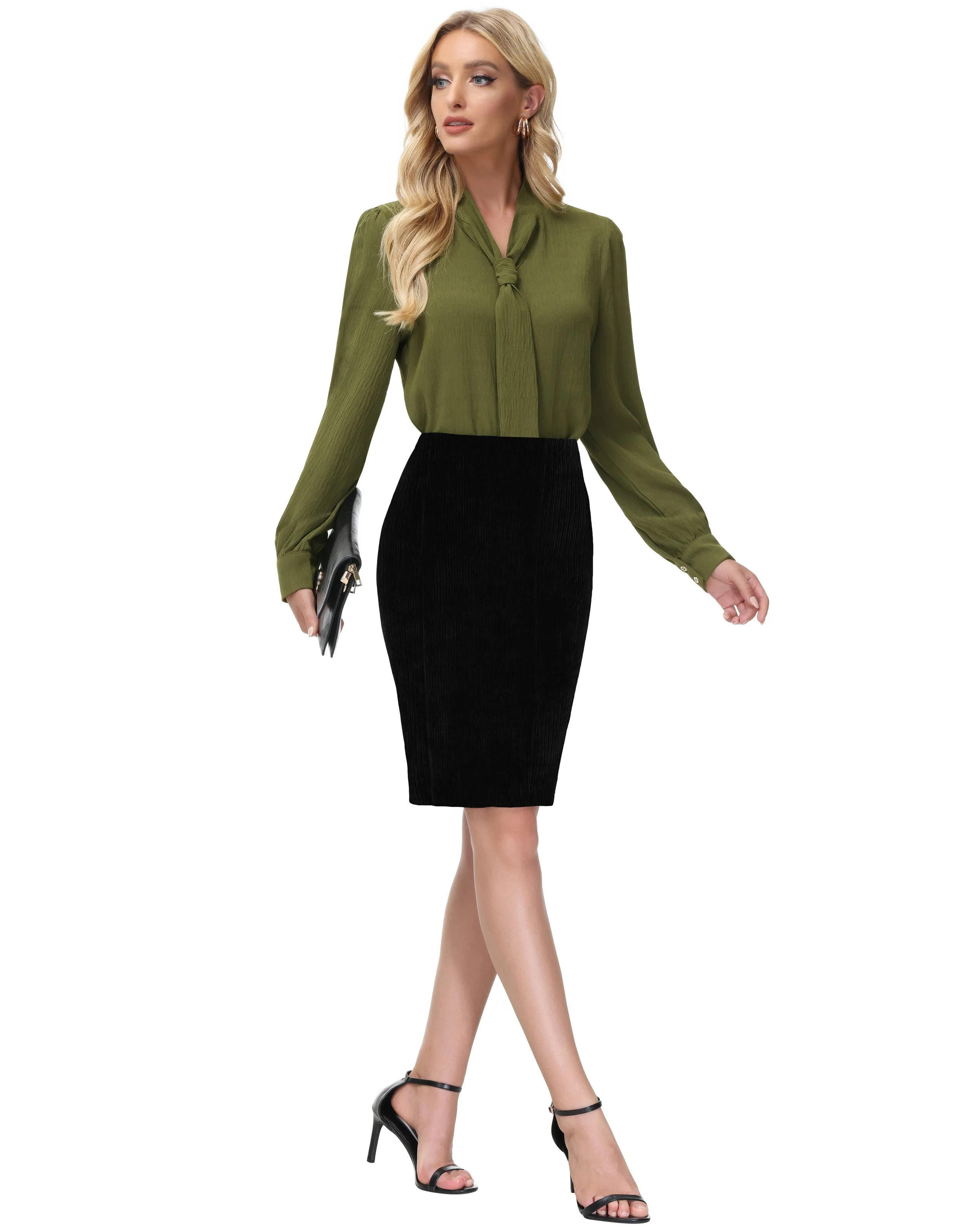 High Waist Chenille Skirt Knee Length Business Work Pencil Skirt