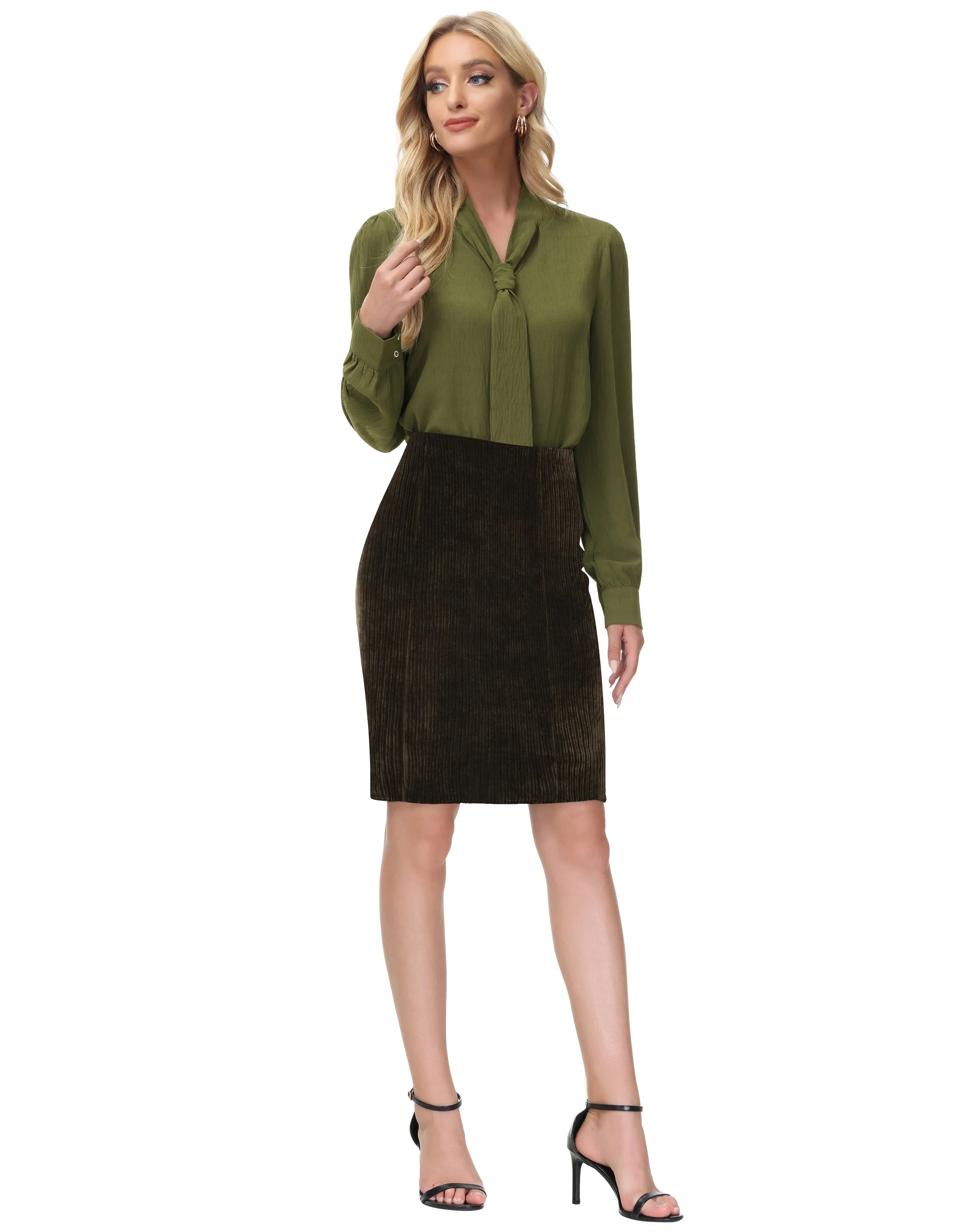 High Waist Chenille Skirt Knee Length Business Work Pencil Skirt