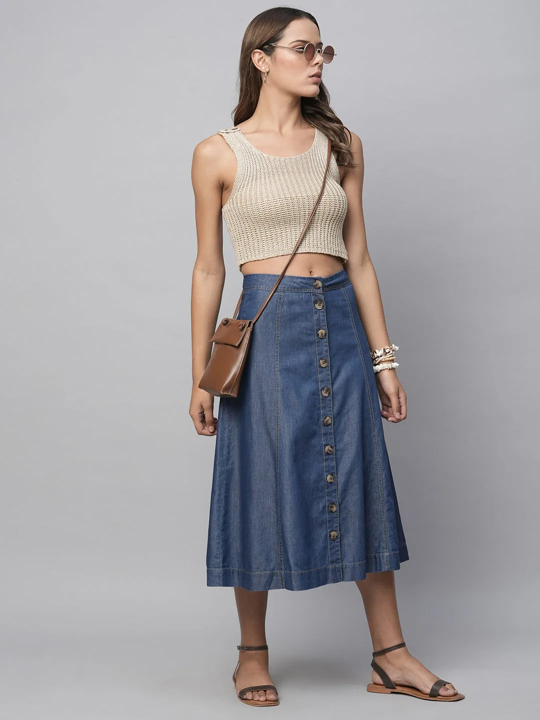 High Waisted Cotton Tencel Denim Button Down Panelled Skirt