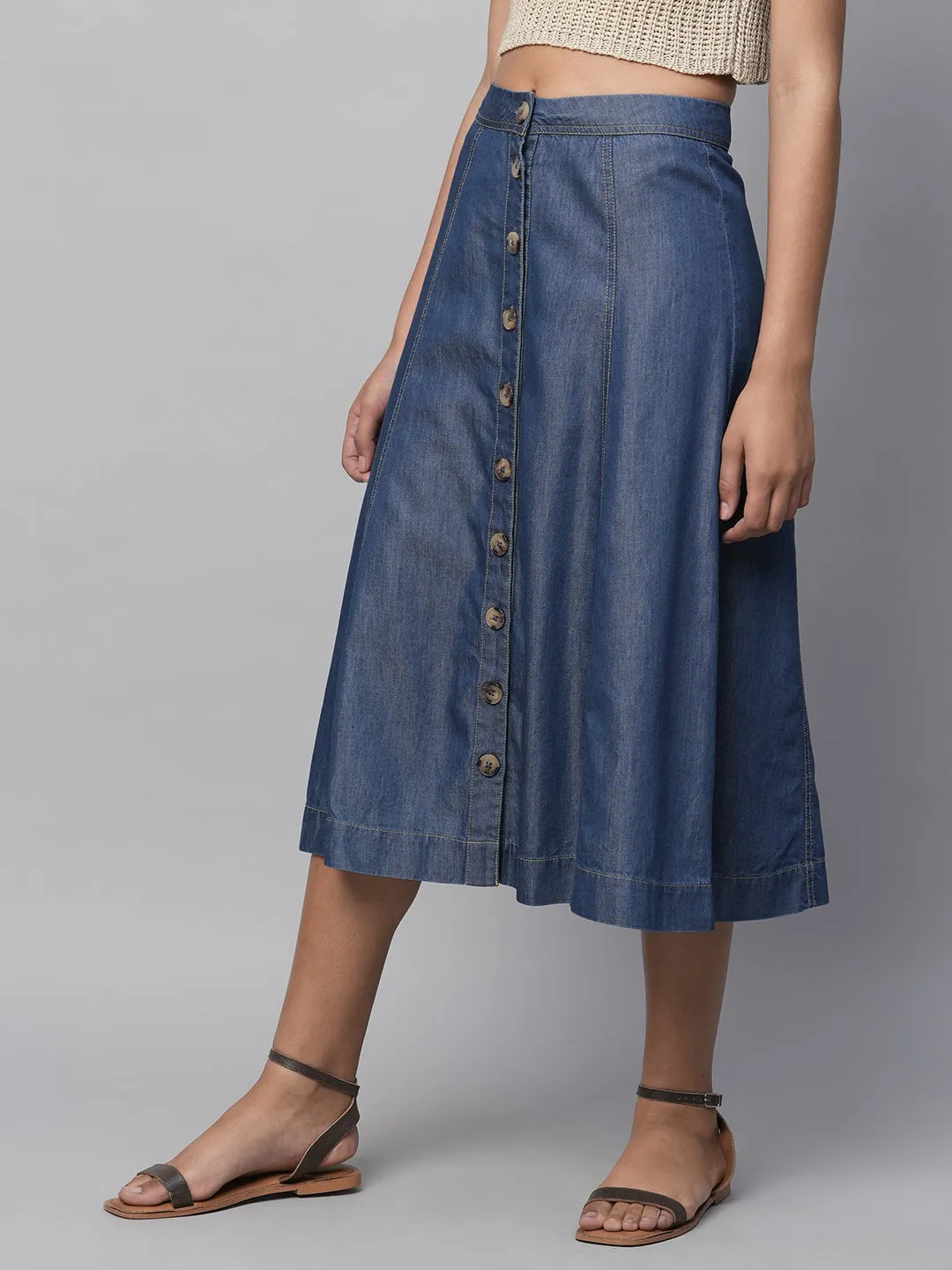 High Waisted Cotton Tencel Denim Button Down Panelled Skirt