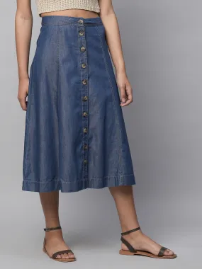 High Waisted Cotton Tencel Denim Button Down Panelled Skirt