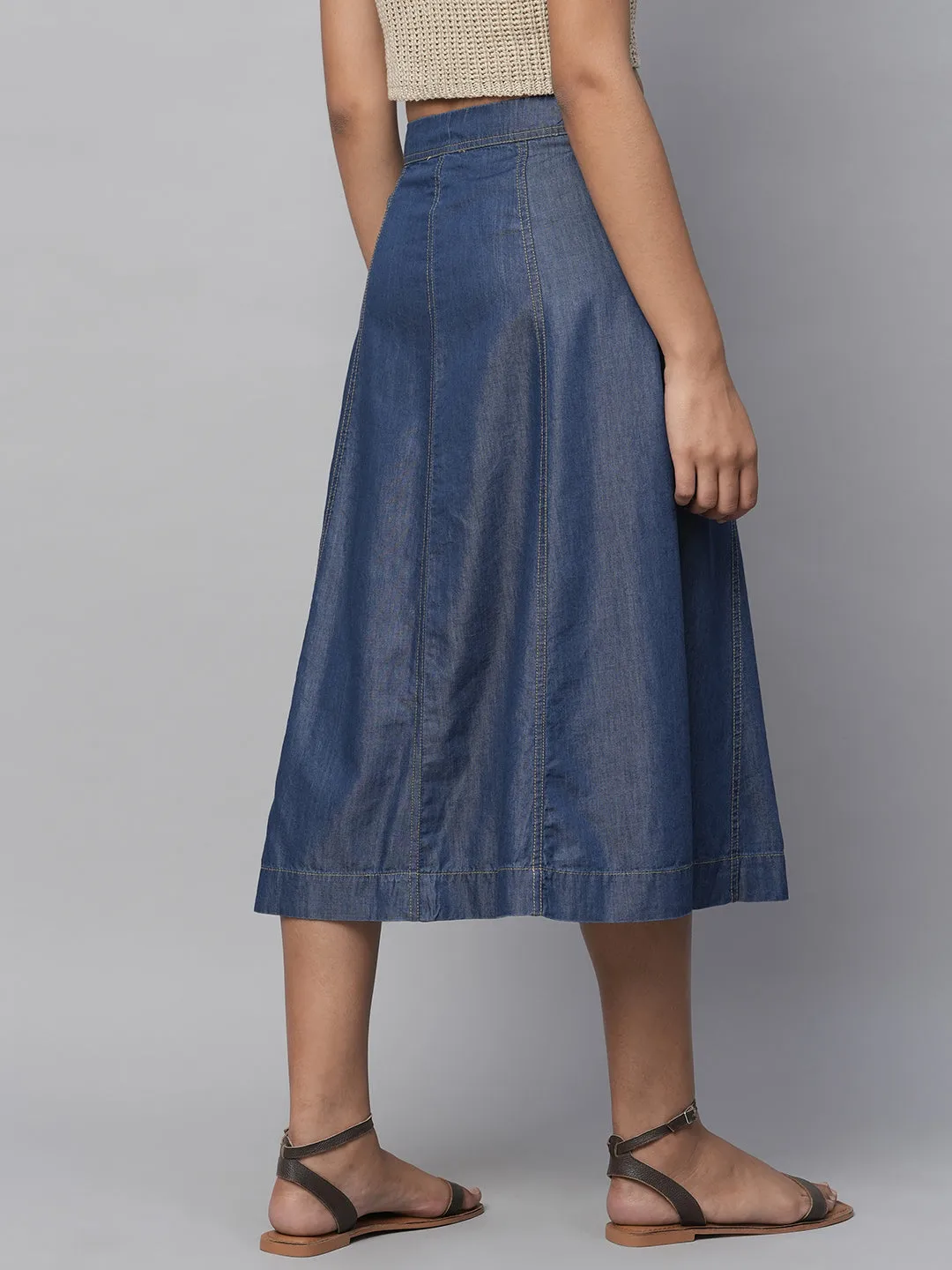 High Waisted Cotton Tencel Denim Button Down Panelled Skirt