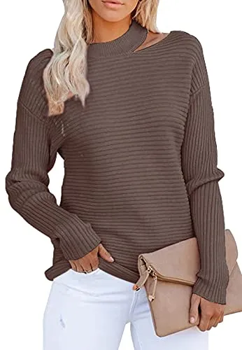 KIRUNDO 2021 Women’s Sweaters Halter Neck Off Shoulder Long Sleeves Knit Sweater Loose Solid Pullovers Tops (Coffee, X-Large)