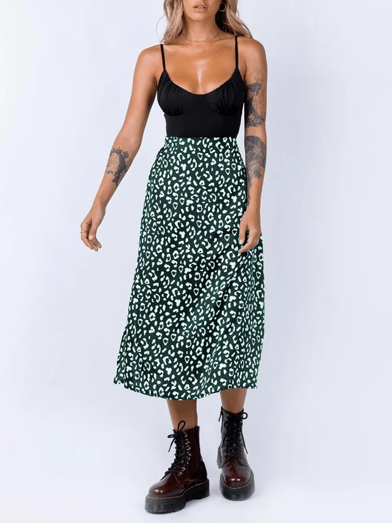 Leopard Print Side Split High Waist Slim Skirts