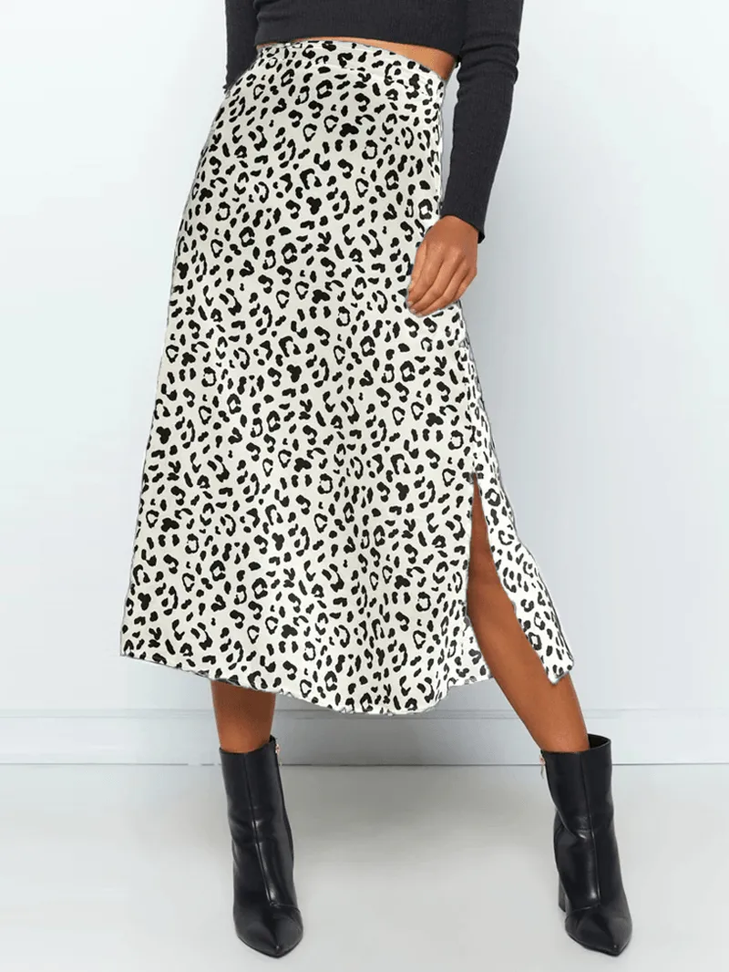 Leopard Print Side Split High Waist Slim Skirts