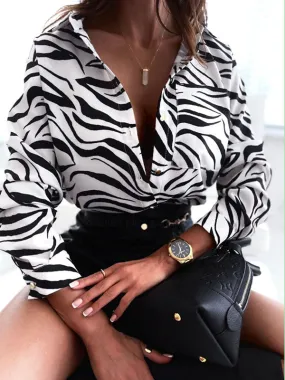 Long Sleeves Loose Printed Lapel Blouses