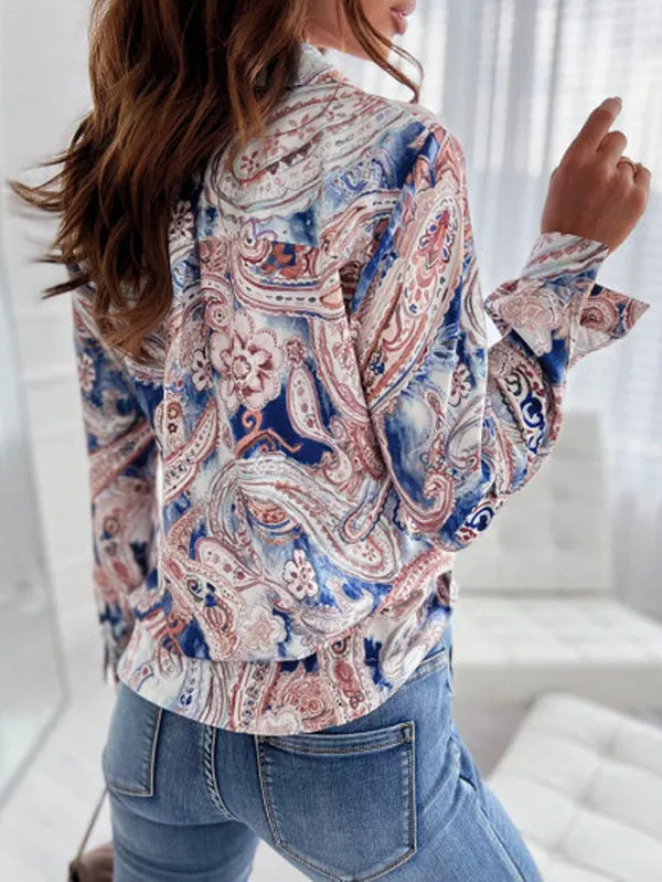 Long Sleeves Loose Printed Lapel Blouses