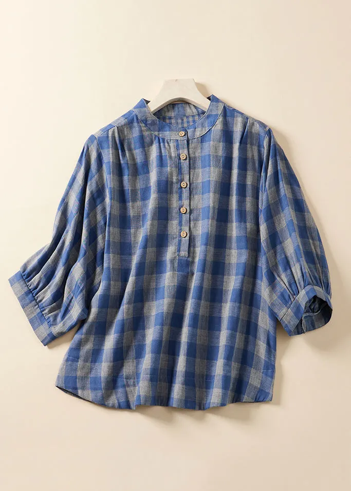 Loose Blue Plaid Stand Collar Cotton Blouses Bracelet Sleeve AM1061