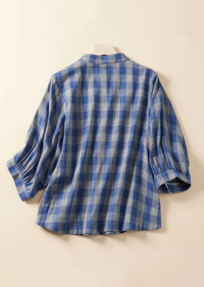 Loose Blue Plaid Stand Collar Cotton Blouses Bracelet Sleeve AM1061