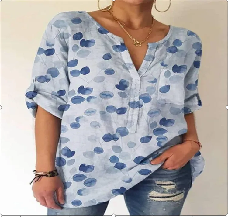 Loose printed V-neck long-sleeved shirt