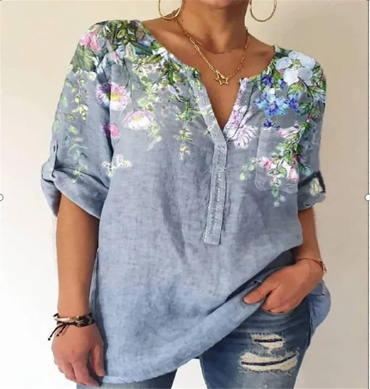 Loose printed V-neck long-sleeved shirt