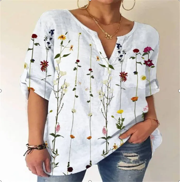 Loose printed V-neck long-sleeved shirt