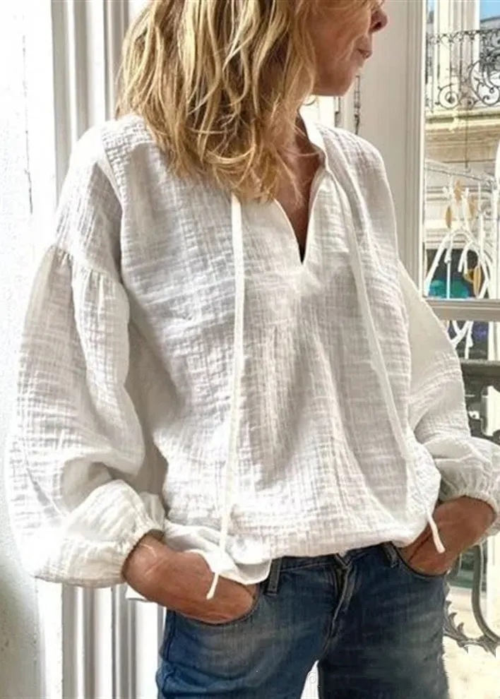 Loose White V Neck Lace Up Solid Linen Blouses Long Sleeve FF035