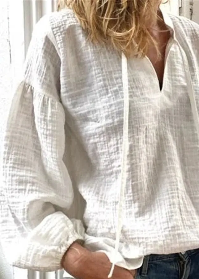 Loose White V Neck Lace Up Solid Linen Blouses Long Sleeve FF035