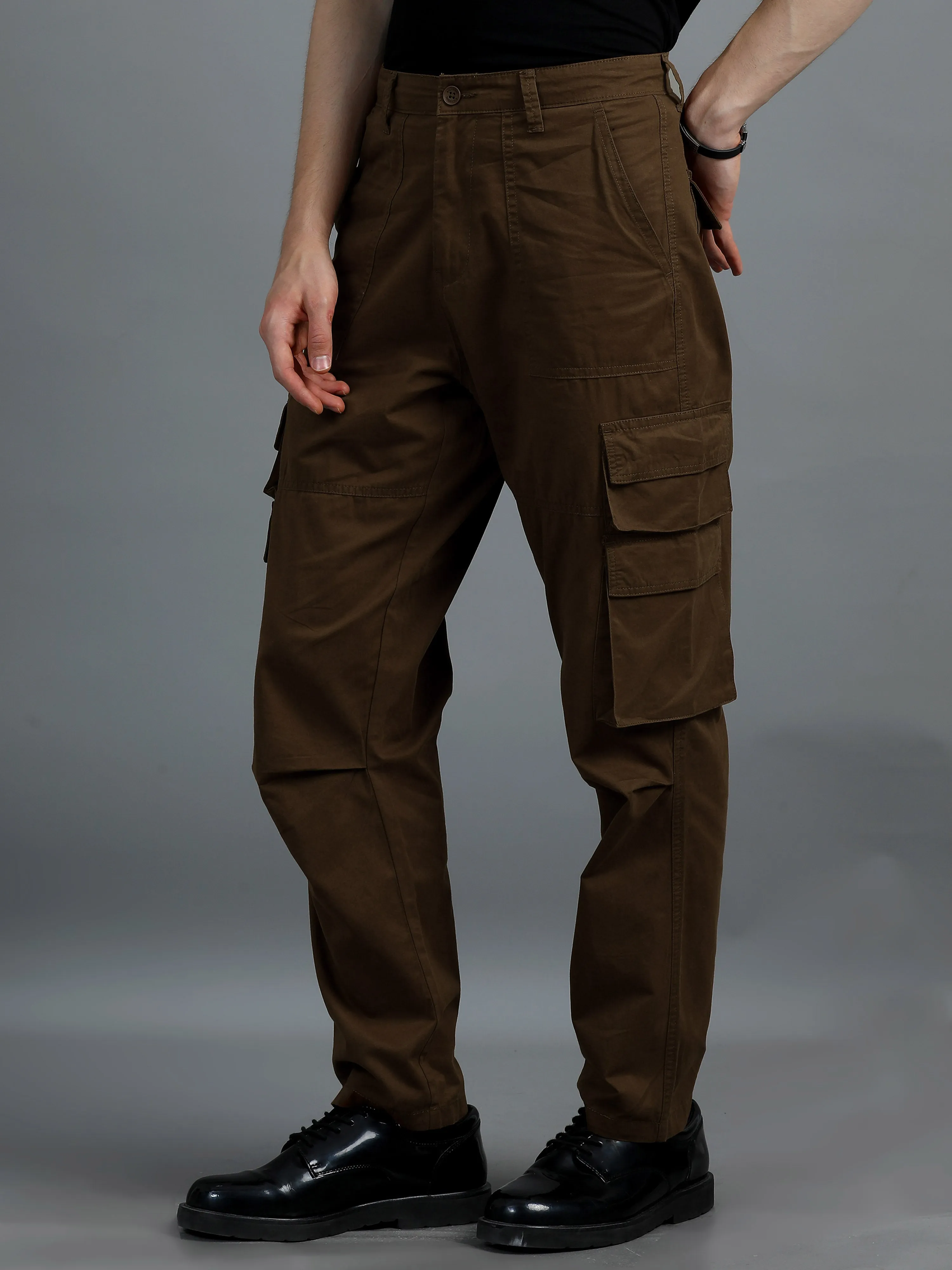 Men 2 Cotton Relaxed Fit Cargo Trousers, Brown Moss Green