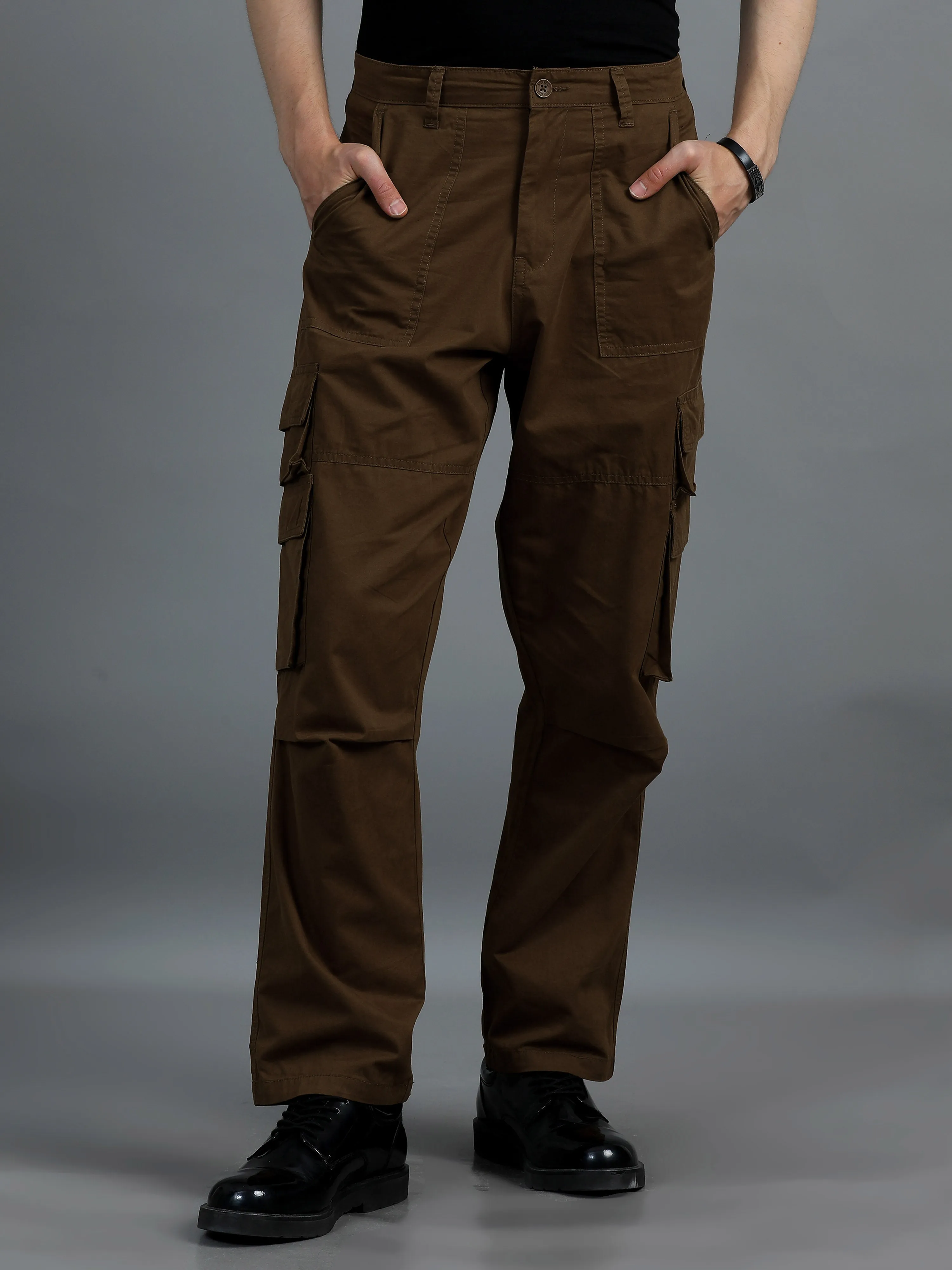 Men 2 Cotton Relaxed Fit Cargo Trousers, Brown Moss Green