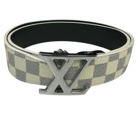 Men's Beige Plaid luxury Leathers Belt Sliver Buckle