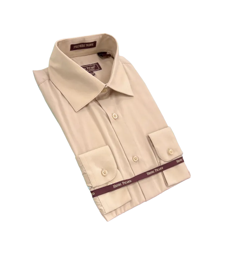 Men's tan long sleeves dress shirt spread collar convertible cuff regular fit