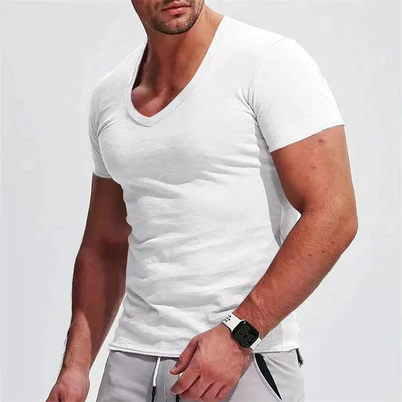 Men's V-neck Short-sleeved T-shirt Solid Color Casual Top 12570917L