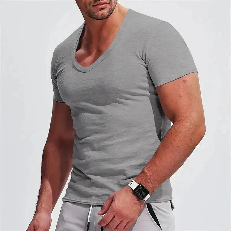 Men's V-neck Short-sleeved T-shirt Solid Color Casual Top 12570917L