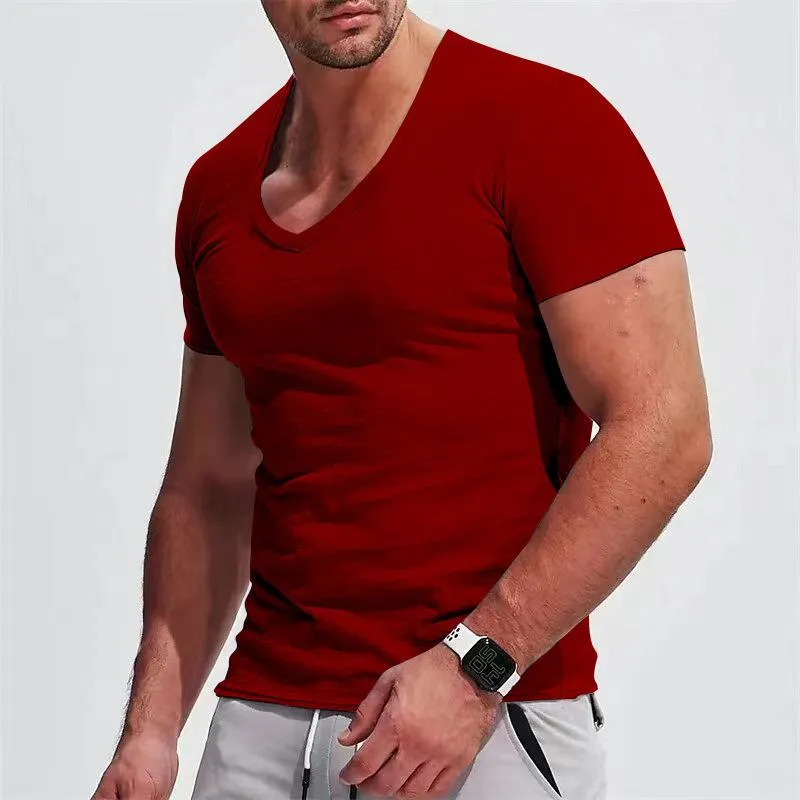 Men's V-neck Short-sleeved T-shirt Solid Color Casual Top 12570917L