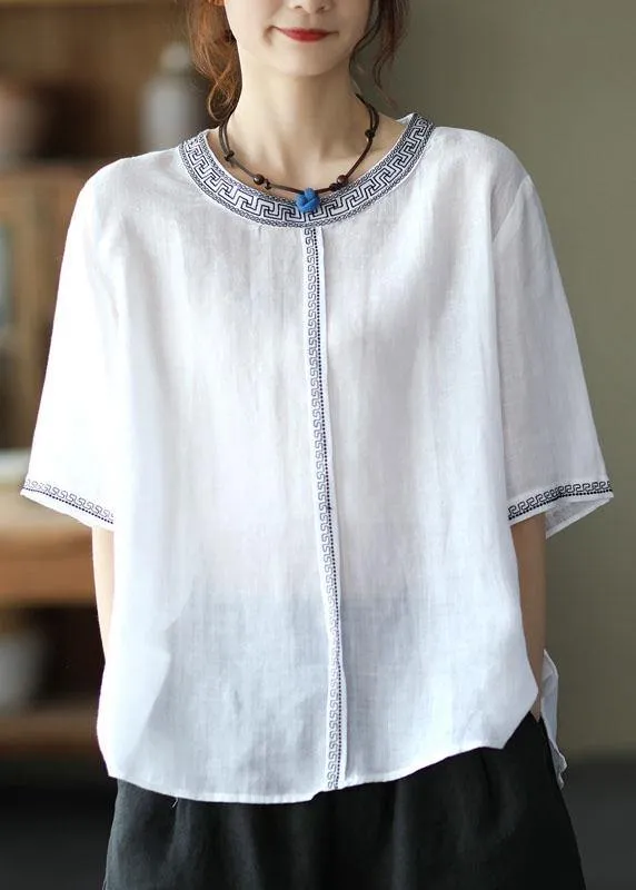 Natural Black O-Neck Embroideried Summer Ramie Blouses Half Sleeve