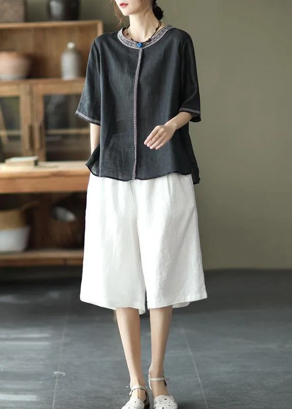 Natural Black O-Neck Embroideried Summer Ramie Blouses Half Sleeve