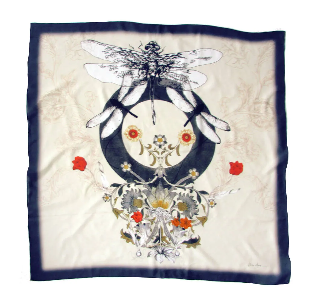 Navy blue and cream "Dragonfly Silk" square Silk scarf