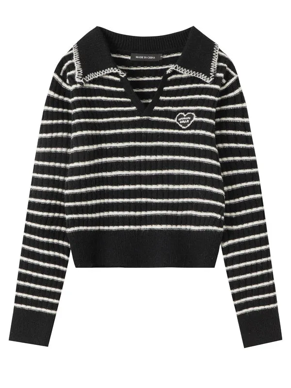 Nvuvu Collared Design Heart Pattern Stripes Sweaters