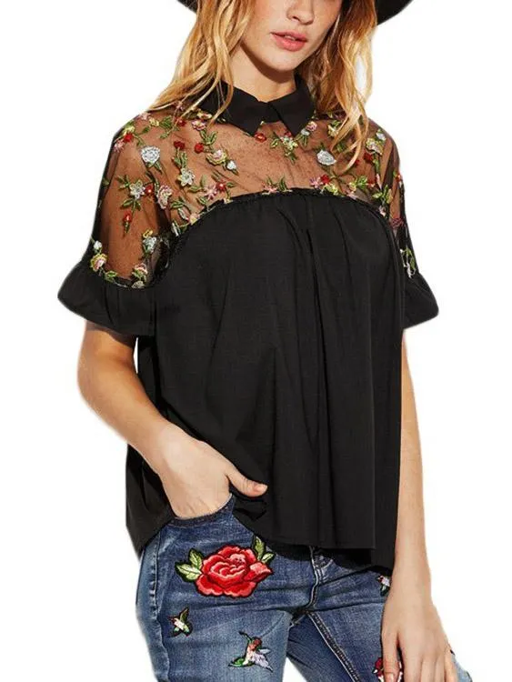 OEM ODM Lapel Collar Embroidered Short Sleeve Ruffle Hem Black Top