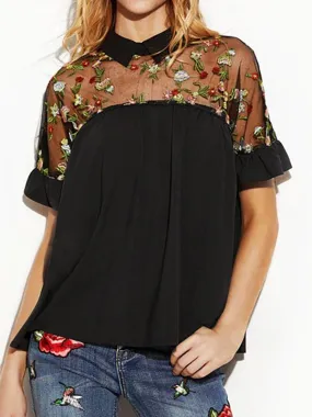 OEM ODM Lapel Collar Embroidered Short Sleeve Ruffle Hem Black Top