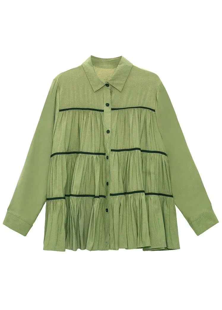 Organic Green PeterPan Collar Button Wrinkled Fall Blouses Long Sleeve