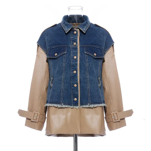 Patchwork Denim  Lapel Collar Long Sleeve Jacket