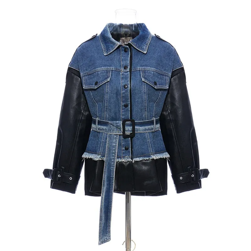 Patchwork Denim  Lapel Collar Long Sleeve Jacket