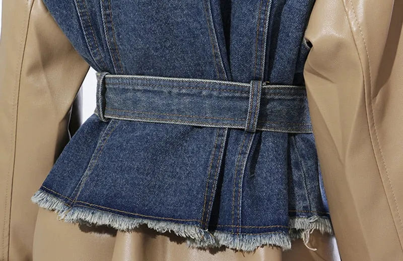 Patchwork Denim  Lapel Collar Long Sleeve Jacket