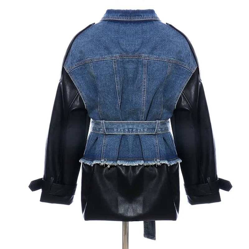 Patchwork Denim  Lapel Collar Long Sleeve Jacket