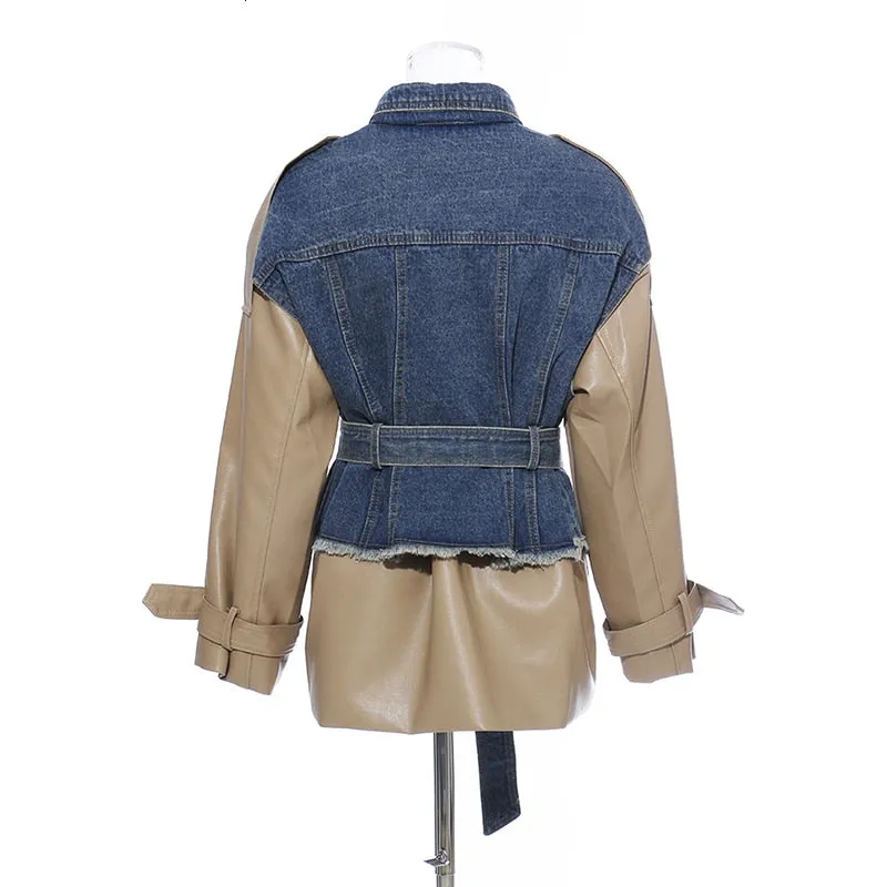 Patchwork Denim  Lapel Collar Long Sleeve Jacket