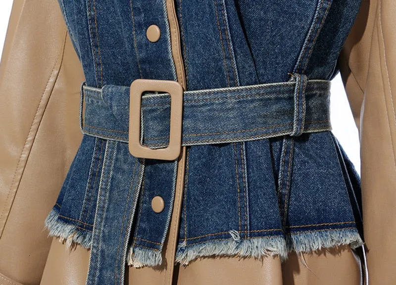 Patchwork Denim  Lapel Collar Long Sleeve Jacket