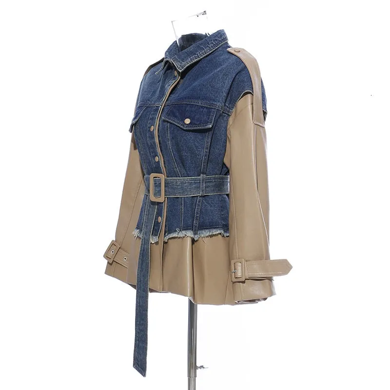 Patchwork Denim  Lapel Collar Long Sleeve Jacket