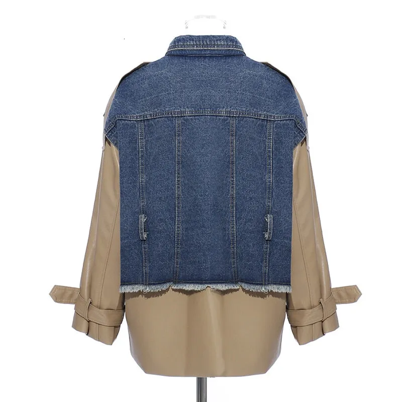 Patchwork Denim  Lapel Collar Long Sleeve Jacket