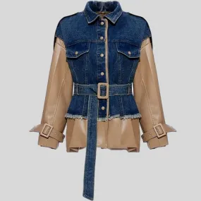 Patchwork Denim  Lapel Collar Long Sleeve Jacket