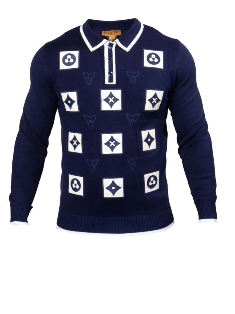 Prestige Navy Blue Men's Polo Sweater with White Leather Fashion Style