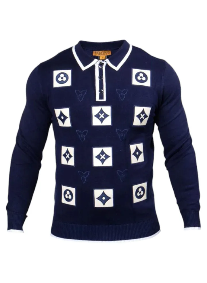 Prestige Navy Blue Men's Polo Sweater with White Leather Fashion Style