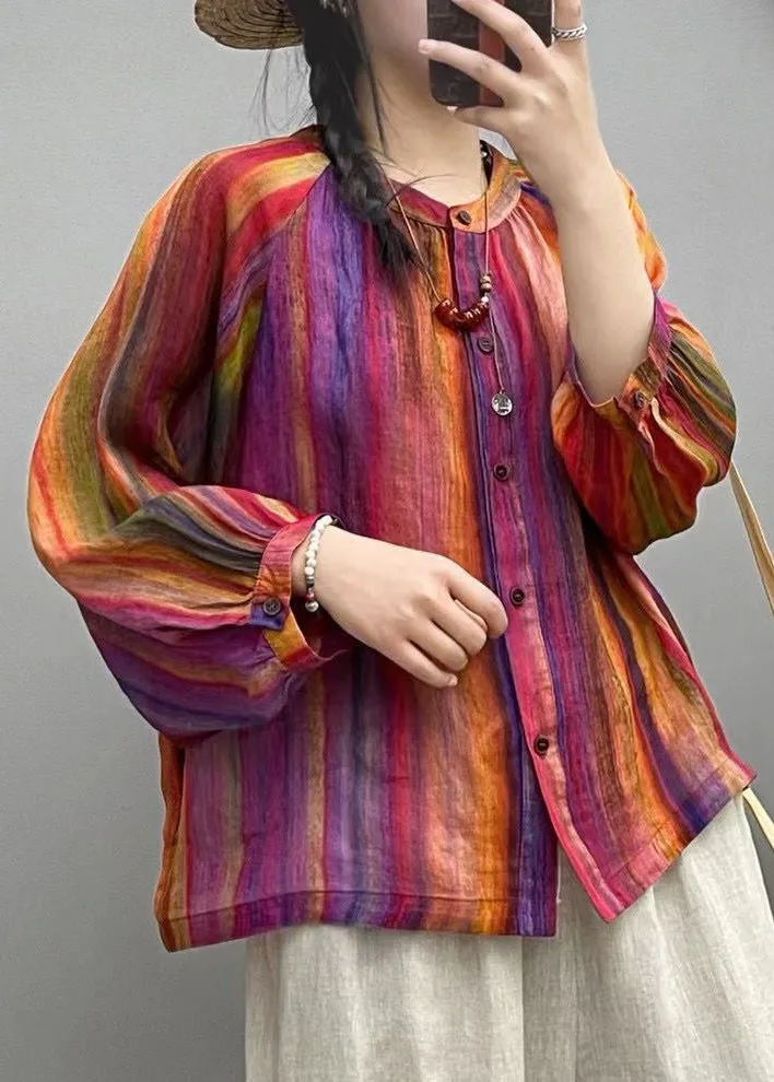 Rainbow Button Patchwork Linen Blouses O Neck Spring VV056