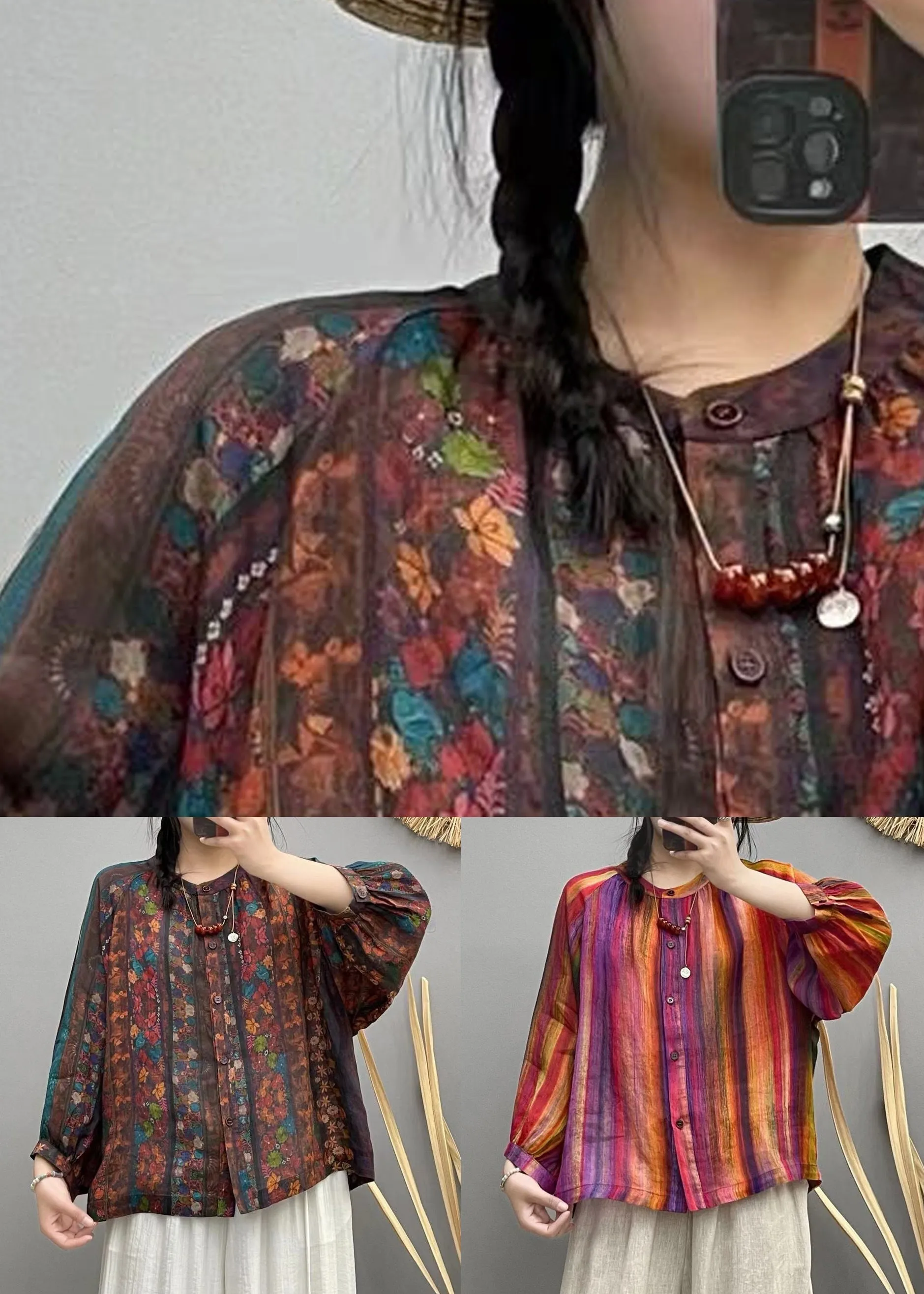 Rainbow Button Patchwork Linen Blouses O Neck Spring VV056