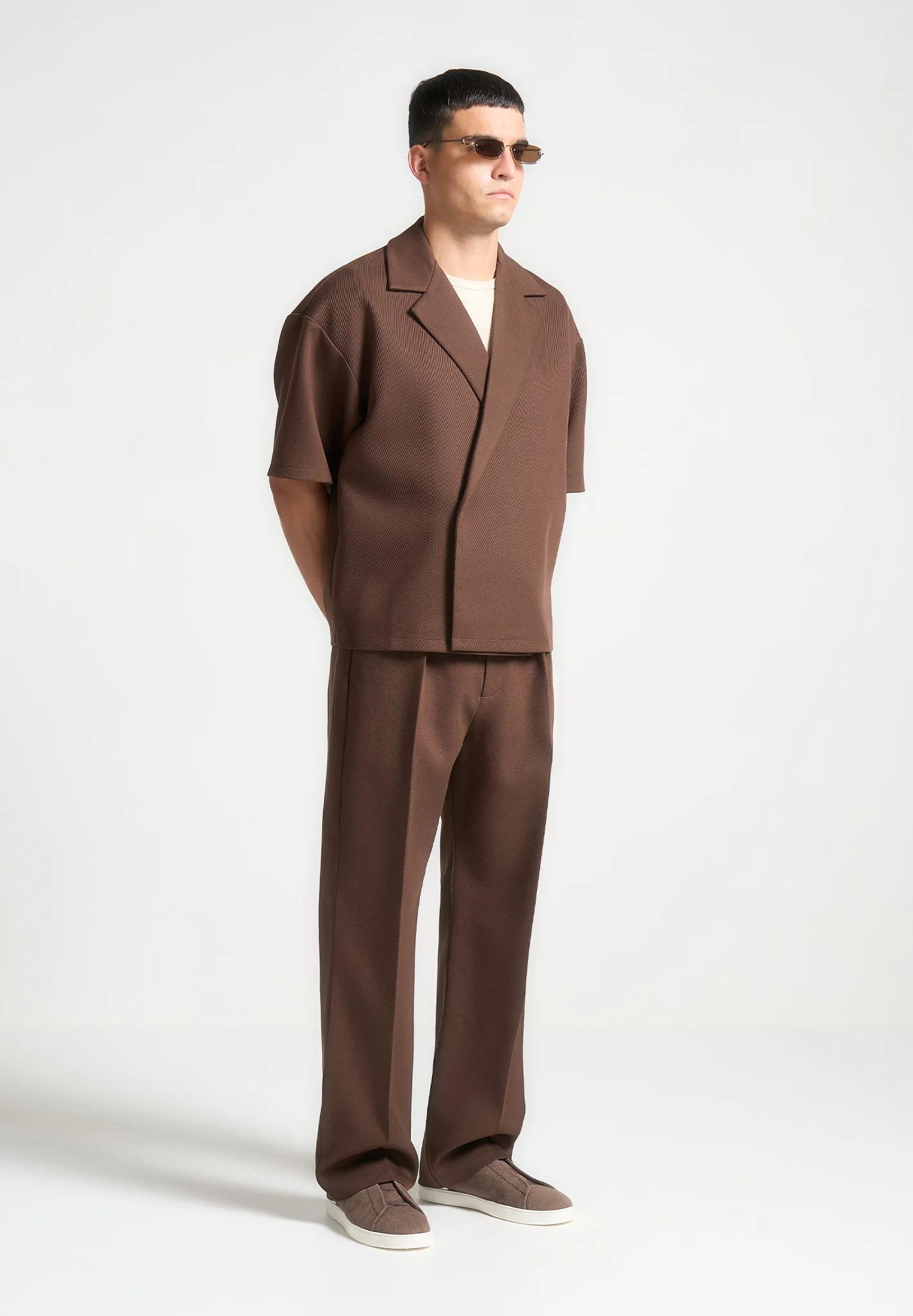 Relaxed Fit Twill Pleated Tailored Trousers - Brown