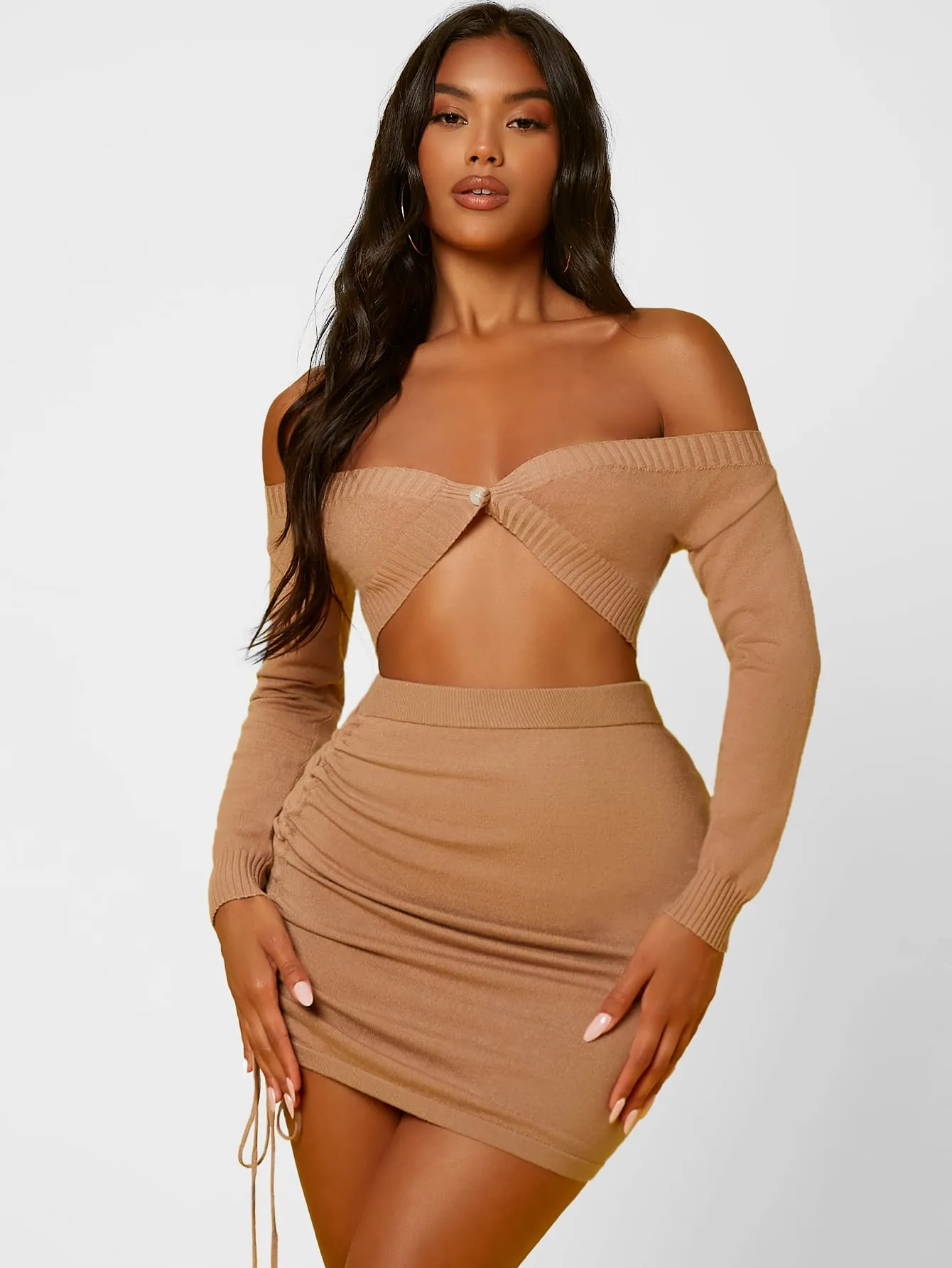 Ruched Drawstring High Waist Sweater Skirt