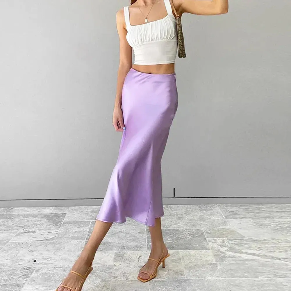 Satin Silk High Waist Solid Color Skirt for Business Wear