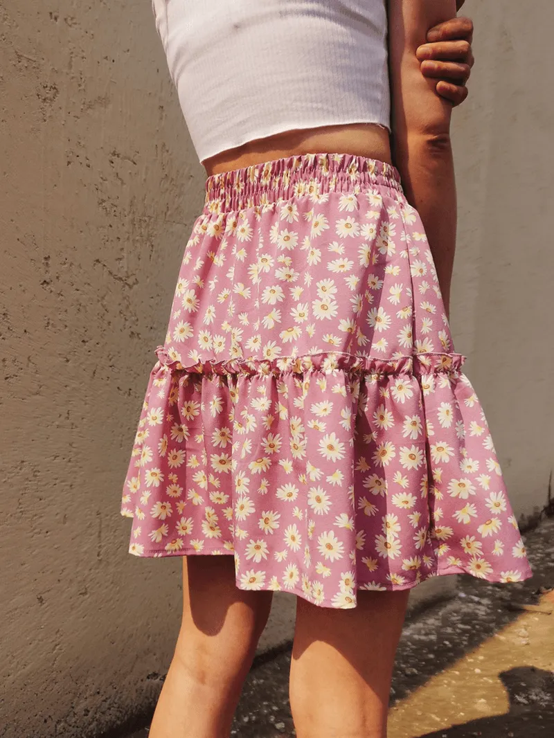 Small Daisies Print High Waist Ruffle Pleated Holiday A-Line Skirts